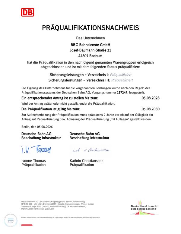 Präqualifikationsnachweis der Deutschen Bahn AG für die BBG Bahndienste GmbH